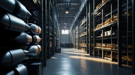 Rows of shelves in a naval warehouse display various torpedoes and naval supplies, illustrating a well-organized military storage facility used for defense preparations.