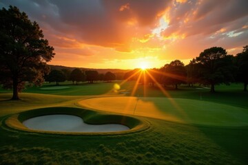Dramatic sunset casts long shadows across manicured fairways , long shadows, orange sky