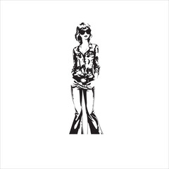 Silhouette and Outline Drawing of 70s Retro Woman in Bell-Bottoms and Sunglasses
