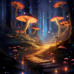 Obraz premium Enchanting forest with glowing mushrooms.