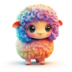 A colorful fluffy sheep with large eyes standing on white background