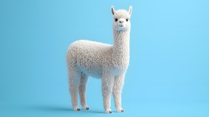 Fototapeta premium A fluffy white alpaca standing against a vibrant blue backdrop