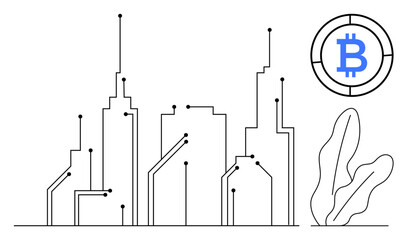 Abstract city skyline with circuit-thumbs up connections, Bitcoin icon, and decorative plant. Ideal for blockchain, cryptocurrency, innovation, smart city, digital economy, technology decentralized