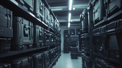 Inside a modern military storage facility, robotic units meticulously organize and transport equipment while ensuring efficient inventory management and enhanced security.