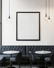 Modern cafe interior with empty frame, booth seating, and pendant lights.