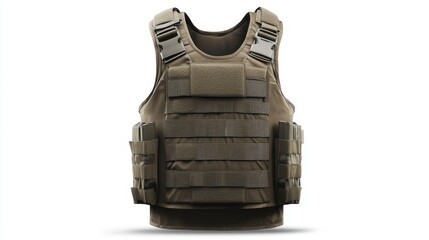 This display highlights a modern ballistic vest, emphasizing its military-grade features, including armor plates and modular attachments for tactical use and operational effectiveness.