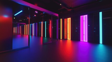 In a modern data center, rows of server racks emit colorful glowing lights, creating a dynamic and high-tech environment ideal for data management and operations.