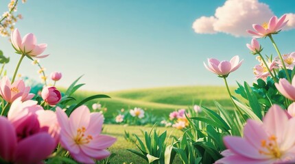 Fototapeta premium Serene Spring Landscape with Blooming Flowers and Pastel Sky