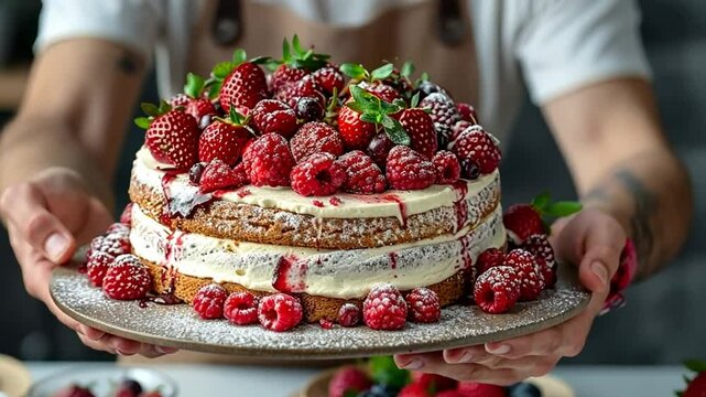 Delicious cake creation with fresh strawberries and raspberries in a cozy kitchen setting