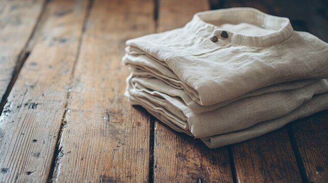 A Stack Of Folded Cream Colored Linen Shirts On Wood