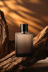 Fragrance bottle with black matte finish, luxury perfume packaging, premium men's cologne, artistic product photography, warm amber lighting, elegant scent presentation, stylish wood background