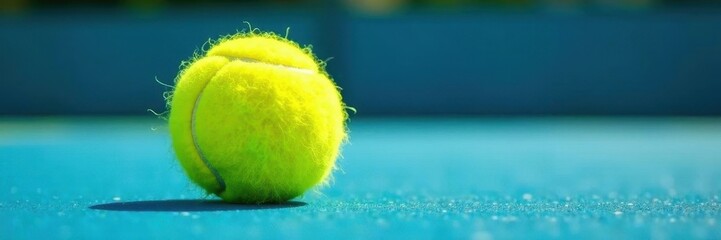 Fuzzy yellow tennis ball sits on vibrant blue court , tennis ball, texture
