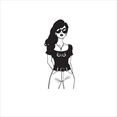 Silhouette and Outline Drawing of 70s Retro Woman in Bell-Bottoms and Sunglasses