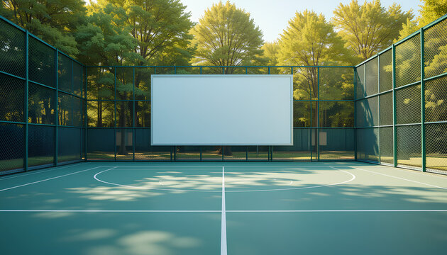 Blank white advertising banner mockup on chain-link fence at outdoor sports court