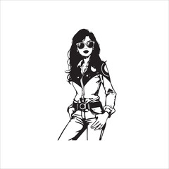 Silhouette and Outline Drawing of 70s Retro Woman in Bell-Bottoms and Sunglasses
