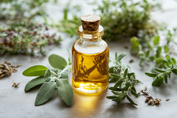 An elegant glass bottle of cold relief oil surrounded by sprigs of sage, oregano, and thyme. The oil should look rich and golden, with a soft glow to suggest natural healing