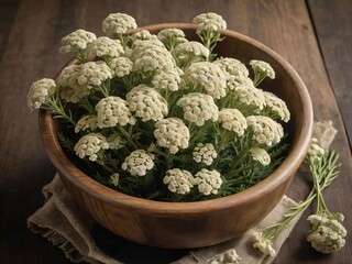 Fresh White Flowers in a Rustic Wooden Bowl on a Dark Wooden Table