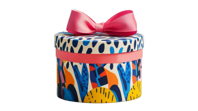 Colorful gift box with ribbon on display