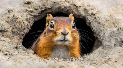 Curious ground squirrel peeking out from rocky burrow