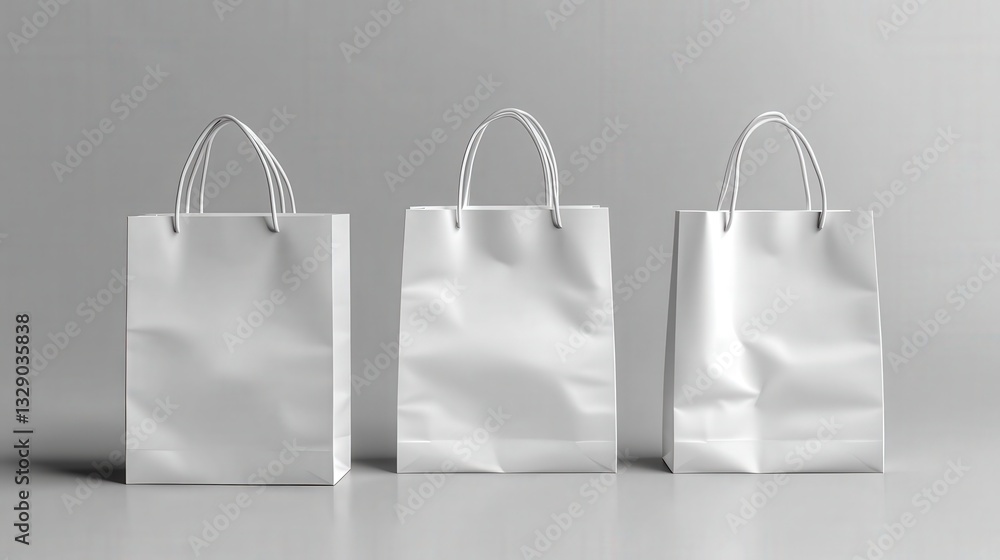 Poster three empty white shopping bags are displayed against a simple gray background, emphasizing minimali