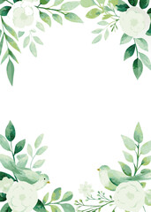 Elegant Watercolor Floral Frame with Birds A Delicate Green and White Design