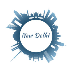 New Delhi skyline with colorful buildings. Circular style. Stock vector illustration