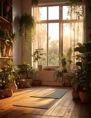 A serene yoga corner with a light-toned mat, green plants, and warm, diffused lighting.