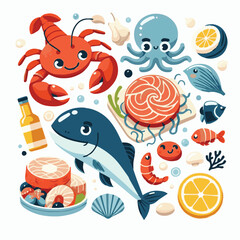 seafood, fish, restaurant, food, vector, illustration, menu, vintage, sketch, dinner, sea, fresh, design, ocean, shrimp, retro, ink, drawing, meal, background, lunch, graphic, market, gourmet, marine,