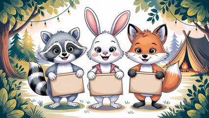 Fototapeta premium Camping scene with animals holding blank signs - A raccoon, a rabbit and a fox in a scenic forest with blank signs that can be filled with text.