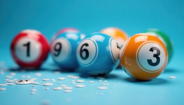 Close-up view of bingo balls and cards against blue backdrop , random, simple, chance