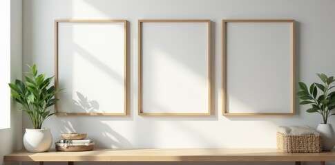 Fototapeta premium Modern wall-mounted rack; empty picture frames ready for photos , frame holder, home staging, bedroom