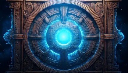 A mystical portal framed by intricately carved wooden figures of ancient warriors, glowing with pulsating blue energy and surrounded by a faint magical aura.
