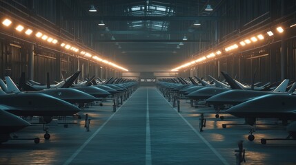 Naklejka premium A vast warehouse is filled with completed military drones lined up in neat rows, highlighting advanced technology and efficient storage of unmanned aerial vehicles.