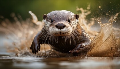 Fototapeta premium A playful otter with slick, wet fur slides joyfully down a muddy riverbank, creating a splash as it dives into the shimmering water. 