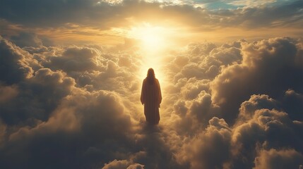 The image presents a silhouette of a robed figure walking towards a radiant, golden light emanating from behind a dense layer of clouds. The figure is positioned centrally, appearing small against