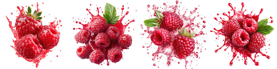 Close up of fresh ripe raspberries with a vibrant red liquid splash showcasing the fruit s juicy texture and natural sweetness