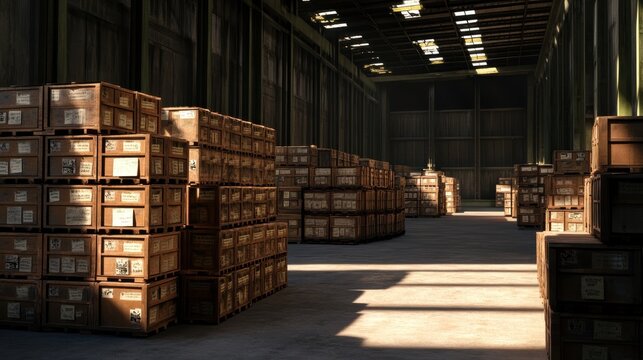 Rows of wooden crates fill a large military warehouse, organized for easy access. The interior is dimly lit, highlighting the vast space and orderly arrangement of supplies.
