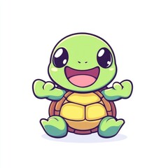 Obraz premium A happy smiling cartoon turtle is sitting and looks friendly