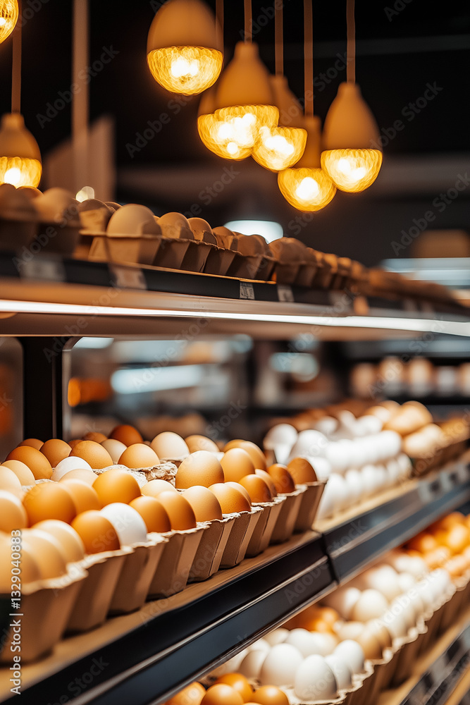 Poster rows of fresh eggs rest in neatly arranged cartons under soft, warm lights, creating an inviting amb