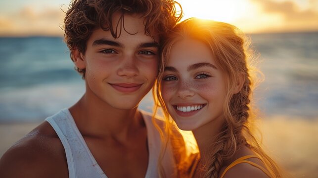 Close-up portrait of a young couple embracing at a beach during sunset. The image features shallow depth of field, focusing on the couple's faces. Warm, golden light from the setting sun illuminates - Powered by Adobe