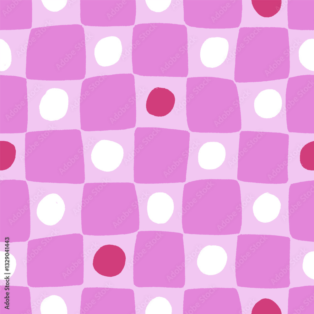 Leinwandbilder Seamless checkered pattern. Endless check background design, irregular geometric checkers, dot and circles in uneven squares. Modern abstract repeating print, texture. Flat vector illustration