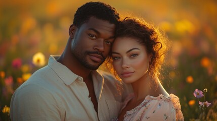 Obraz premium Close-up portrait of a young couple embracing in a field of wildflowers. The image is softly focused, with a shallow depth of field that emphasizes the couple. The warm, golden light of the setting