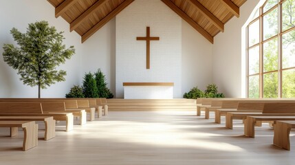 Serene Interior of Modern Church with Wooden Benches and Large Windows Overlooking Lush Green Nature