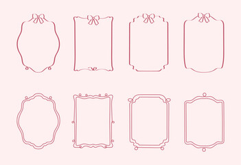 Hand-drawn doodle frames vector set with wavy lines, and delicate bows in a simple, minimalist vintage style. Trendy and whimsical borders ideal for wedding invitations, birthday cards, or prints.