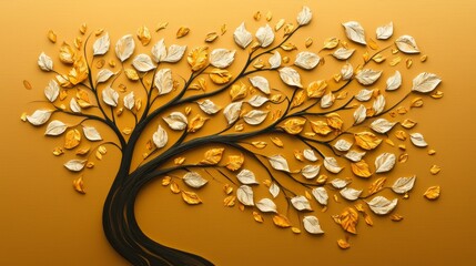 Enchanting Golden Tree Adorned with White Flowers Set Against a Lustrous Gold Background for a Striking Artistic Display