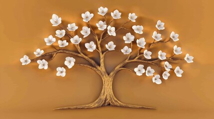 Stunning 3D Wallpaper of Golden Tree with White Flowers against a Luxurious Gold Background for Artistic Interior Decoration