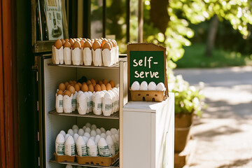 Rows of fresh eggs await customers at a self-serve stand, nestled under the morning sunshine. A cozy atmosphere invites people to enjoy local produce in a vibrant outdoor setting