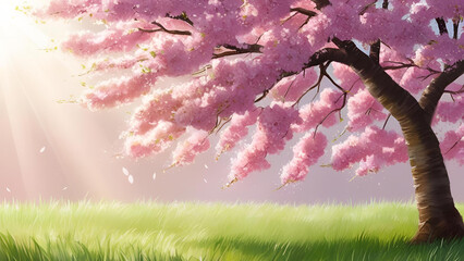 A spring-themed border or background featuring pink blossoms. This picturesque natural setting showcases a flowering tree illuminated by sunlight