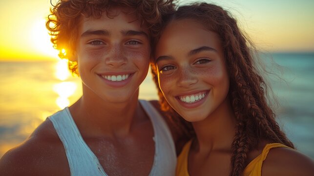 Close-up portrait of a young couple, a boy and a girl, smiling at the camera. The image is taken outdoors at sunset on a beach. The warm golden light of the setting sun illuminates their faces,
