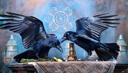 Fototapeta premium Two ravens with shimmering blue markings soar gracefully over a sacred altar, their wings casting ethereal shadows as they circle, symbolizing mystery and spiritual connection. 